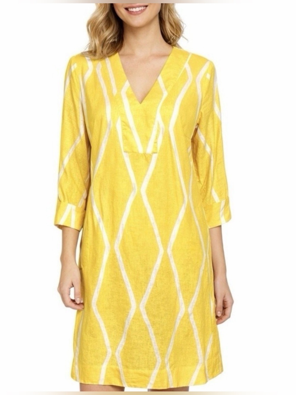 Soft surroundings|100% Linen Marigold Yellow pattern V-Neck shirt dress•Medium